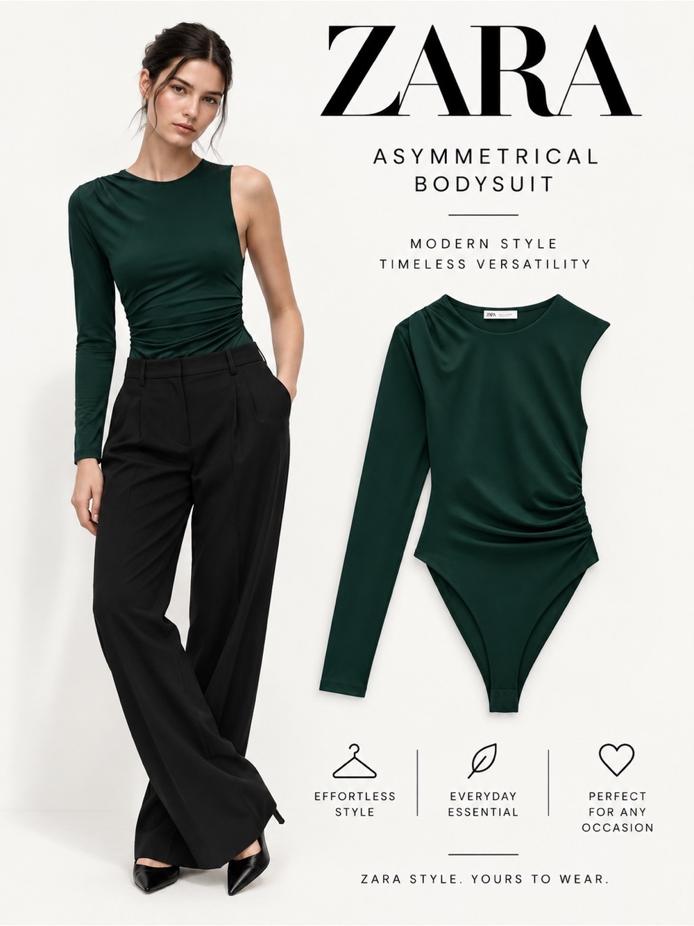 ZARA Dark Green Asymmetrical One Sleeve Ruched Bodysuit Size M NWT 3641/600